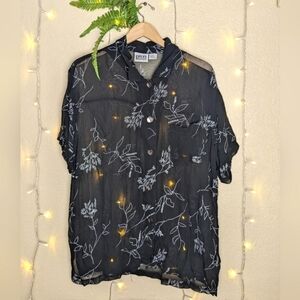 Chico's Design Black Sheer Floral Top w/ Abalone Shell Buttons